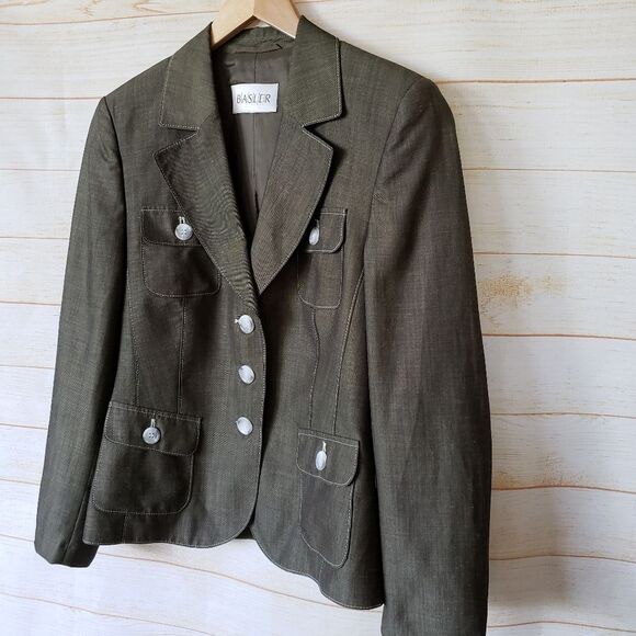 Vintage Basler Silk Linen Jacket Blazer Women's Size 38 Olive Green Business - Picture 2 of 8